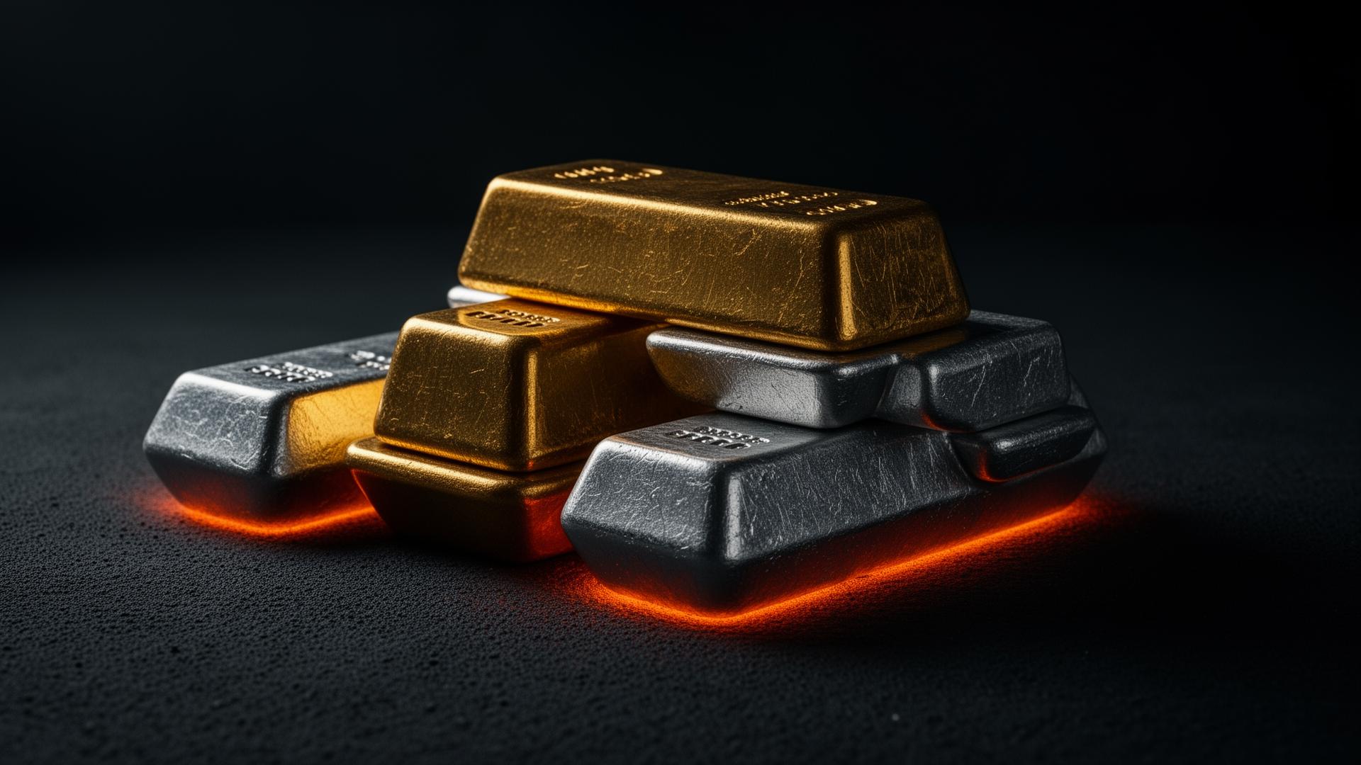 Stacked gold and silver bullion lit by ember light